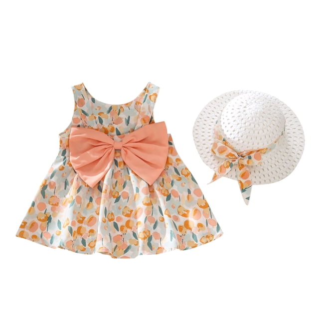 Robe Bébé Fille Sans Manches Robe Tutu Bébé Fille Robe d'Été avec Chapeaux Deux Pièces Robe de Printemps Bébé Fille 12-18 Mois