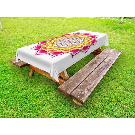 

Lotus Outdoor Tablecloth Flower of Life Sacred Geometry Pattern inside Lotus Petals Yoga Zen Image Decorative Washable Fabric Picnic Table Cloth 58 X 84 Inches Hot Pink Orange Yellow by Ambesonne