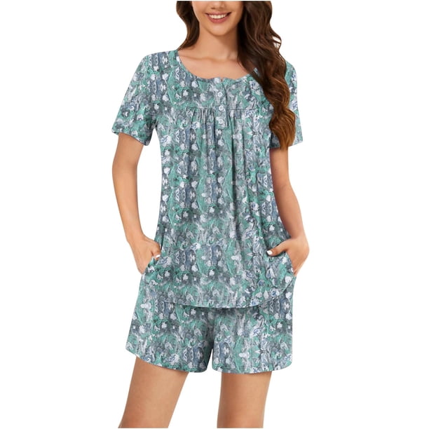 Conjunto de Ropa de Salón de las Mujeres Impreso Cuello Redondo Manga Corta Superior Y Pantalones, Ropa de Casa Suave Dos Piezas