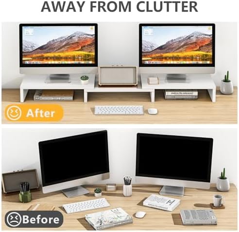Dual Monitor Stand Riser, Computer Monitor Stands for 2 Monitors, Extra Long Multifunctional Desktop Organizer Riser for Computer, Laptop, PC, Printer, TV, Max 43.3" Length, White