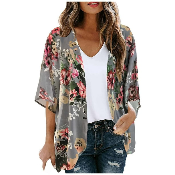 MKLEKYY Traje De Baño Mujer Natacion Beach Vacation Style Sun Cover Up | Bohemian Floral Print Chiffon Swimwear Kimono Cardigan For Women