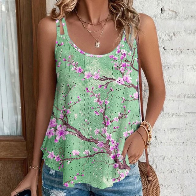 Puntoco Camisetas de cuello cuadrado para mujer, sueltas, informales, a la moda, con estampado de cuello redondo, camiseta sin mangas de verano