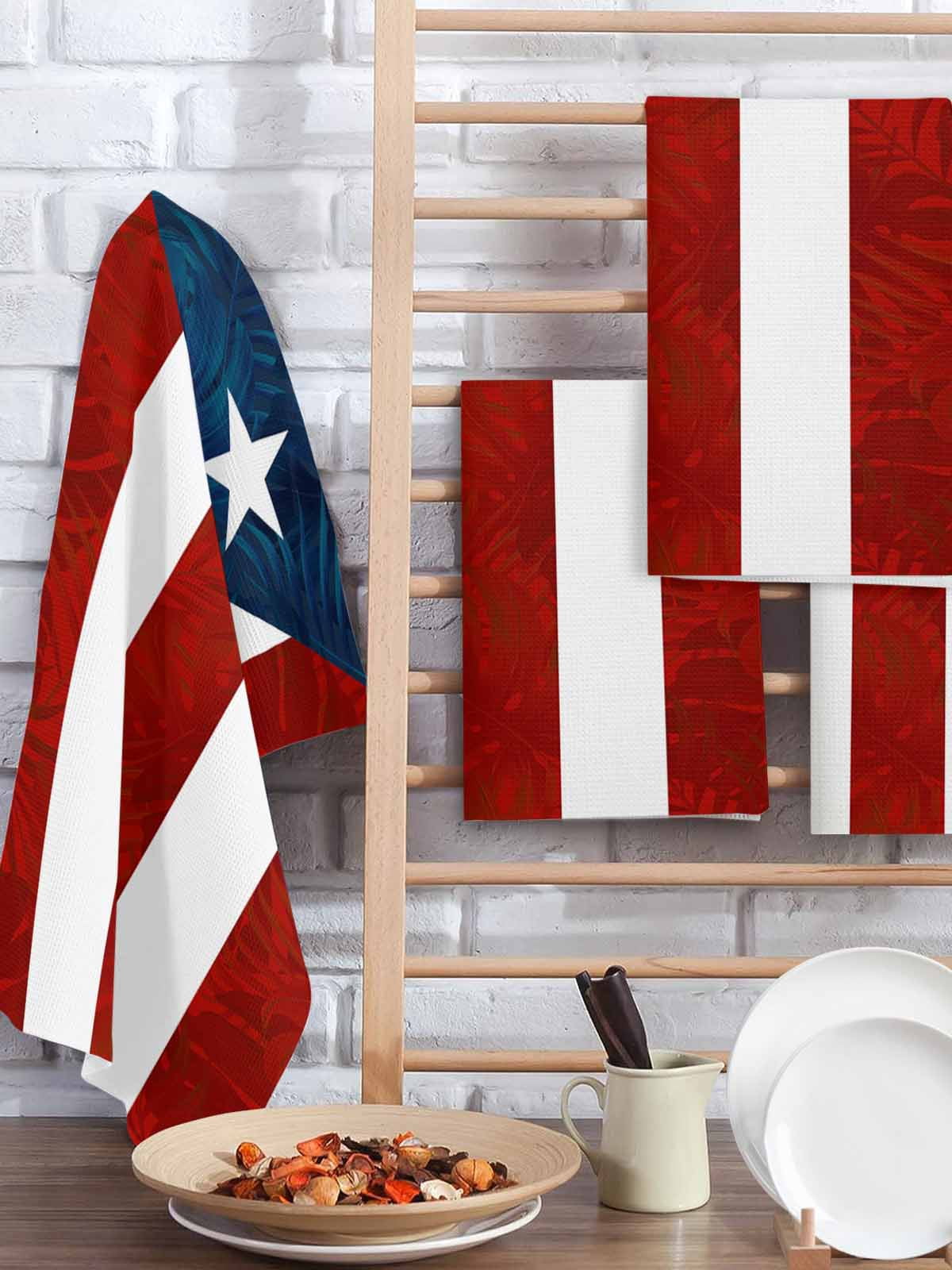 Puerto Rico Flag Kitchen Dish Towels for Drying Dishes Set of 2, Palm Leaf Botanical Red Striped Blue Star Waffle Weave Microfiber Hand Tea Bathroom Towels Quick Dry & Absorbent Towel 15.7x23.6