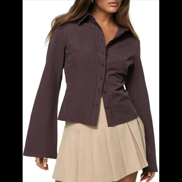 Camisas de Mujer con Botones, Larga A Rayas, Cuello, Blusas Informales de Trabajo, Conjuntos Modernos Marrón Oscuro S
