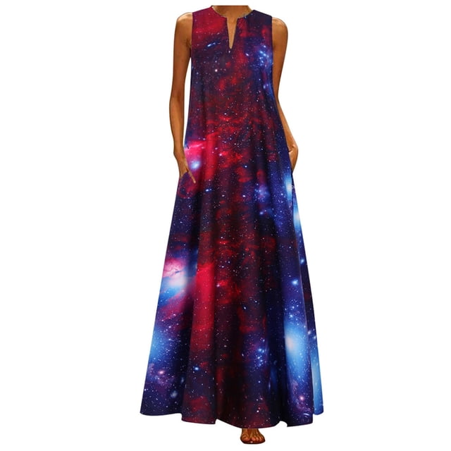 knqrhpse Robes Grande Taille, Robes d'Été pour Femmes, Robes Maxi pour Femmes 2023 Femmes Grande Taille Imprimé Quotidien Décontracté Sans Manches Vintage Bohème Col en V Robe Maxi Robe Rouge Robes Femmes Rouge 4TG