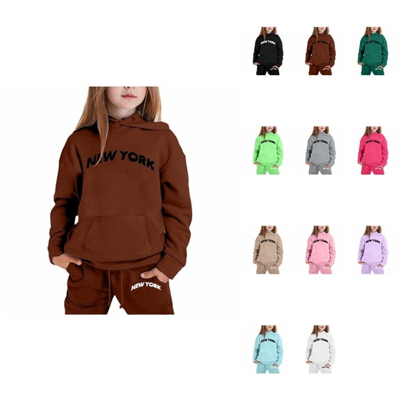 Long Sleeve Solid Warm Hoodie Pullover with Pants, Kids Casual Sweat Suit Outfit – NEW YORK Letter Printed Hoodies for Boys Girls, Back to School 2025 Trendy Clothing