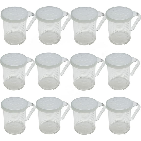 TrueCraftware- Set of 12 Polycarbonate 10 oz Dredger with Handle 3 Snap-On Polycarbonate lids (Fine, Medium & Large Holes)- Restaurant Dredge Spice Shaker Seasoning Spice Shaker