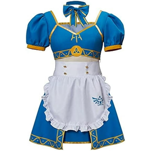 Women Princess Link Lolita Dress Outfit Blue Maid Dress with Apron Set