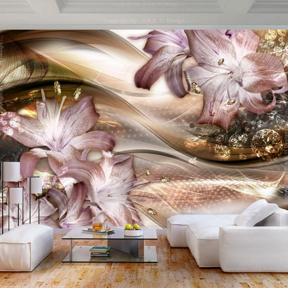 Tiptophomedecor Glam Wallpaper Wall Mural - Lilies On The Wave Brown