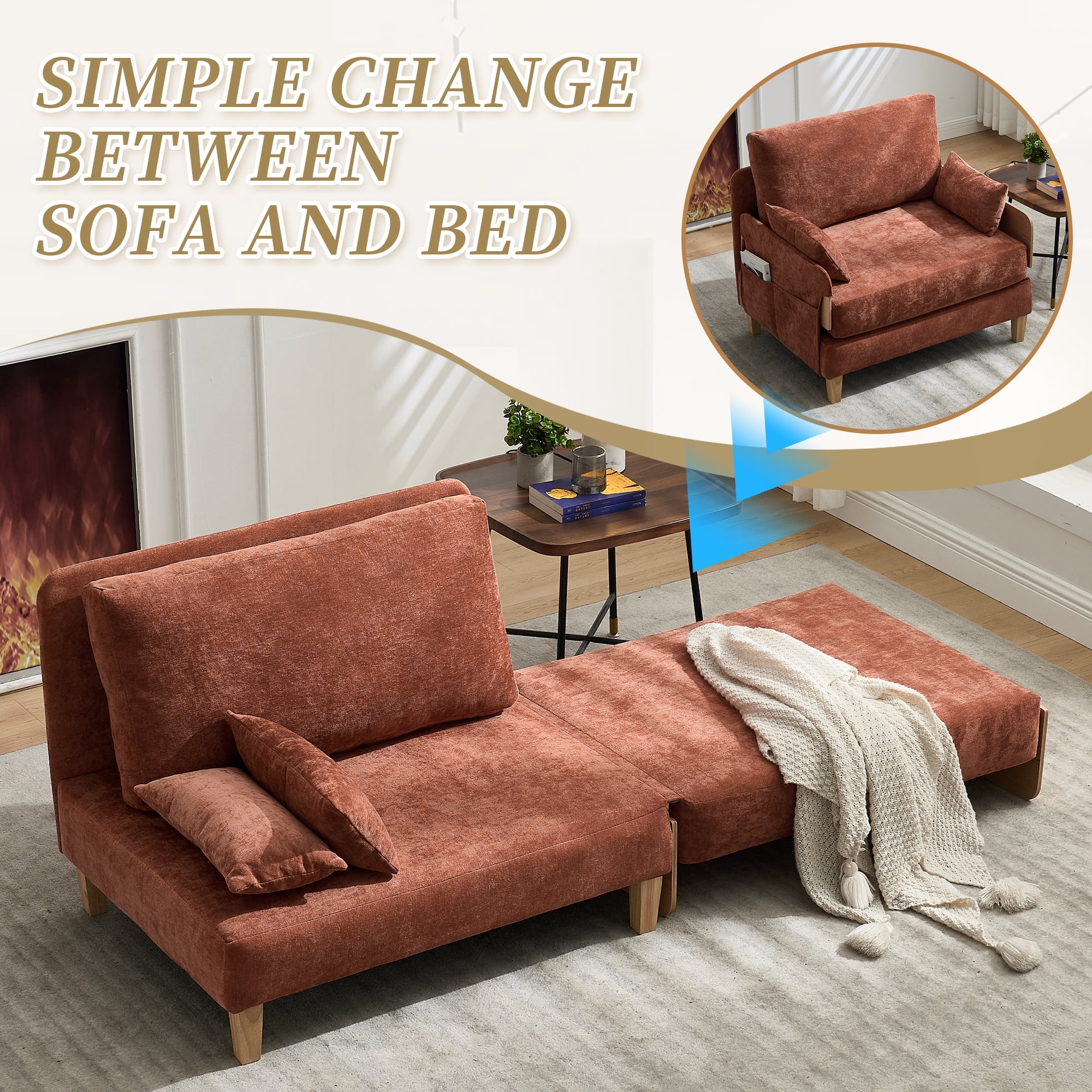 MOONMISS Chenille 3-in-1 Convertible Sleeper Foldable Sofa Bed Recliner Chair with 3 Pillows,Orange