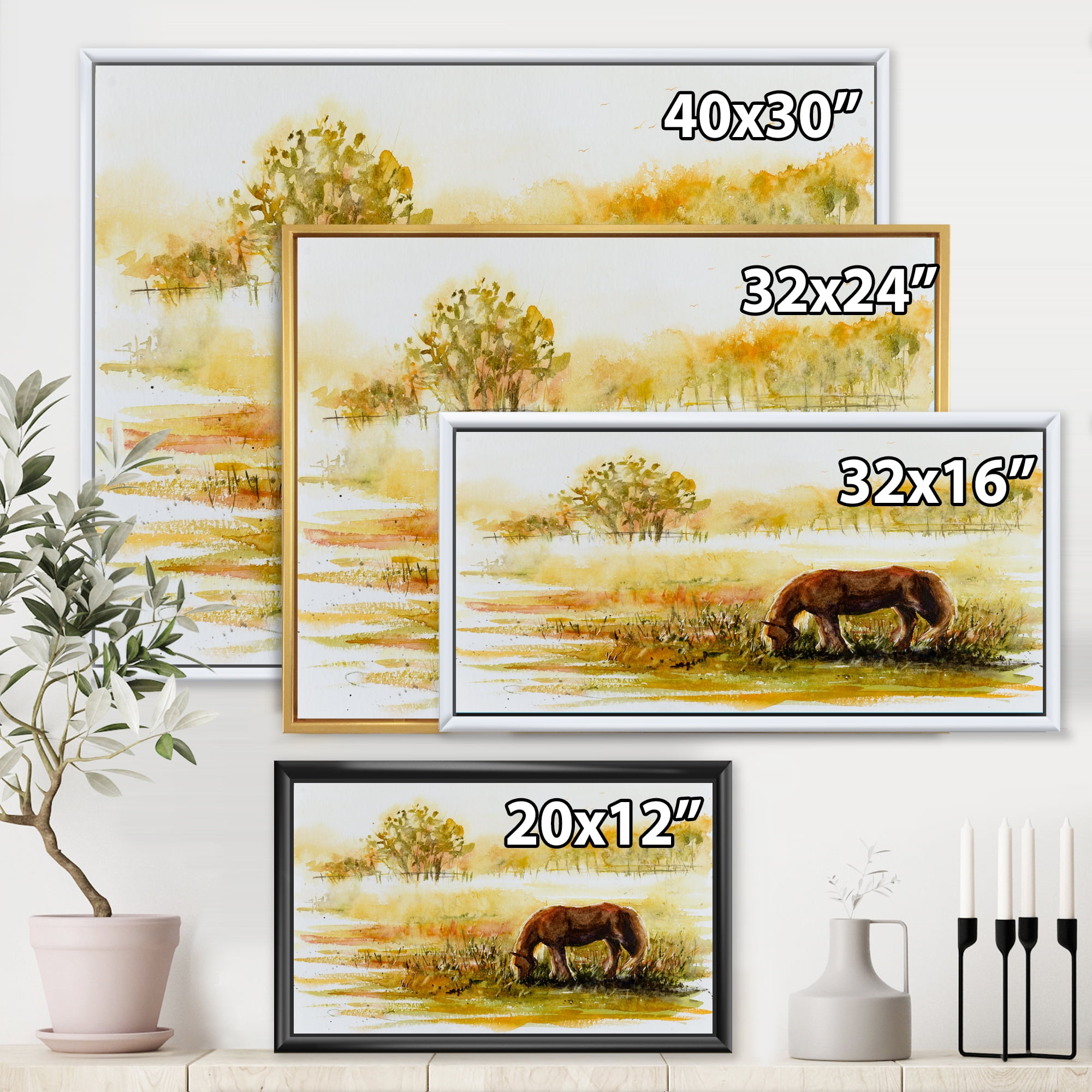 Designart 'Horse Eating Grass On A Meadow' Farmhouse Framed Canvas Wall Art Print