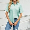 thumbnail image 4 of Olyvenn Button Down Shirts for Women Collared Casual Solid Short Sleeve Blouse Loose Fit Dressy Lapel V-Neck Tops with Chest Pocket Mint Green M, 4 of 7