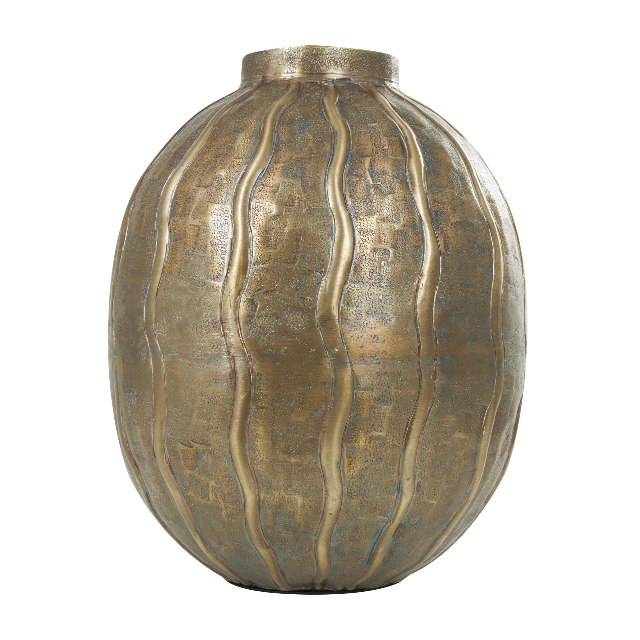 DecMode 12" Snakeskin Inspired Brass Metal Vase with Dimensional Wavy Accents