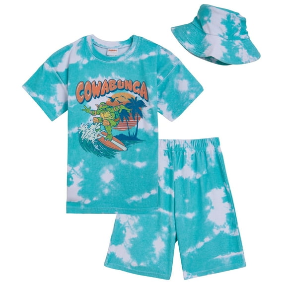 Teenage Mutant Ninja Turtles Michelangelo Surfboard Toddler Boys T-Shirt Shorts and Hat 3 Piece Outfit Set Toddler to Big Kid