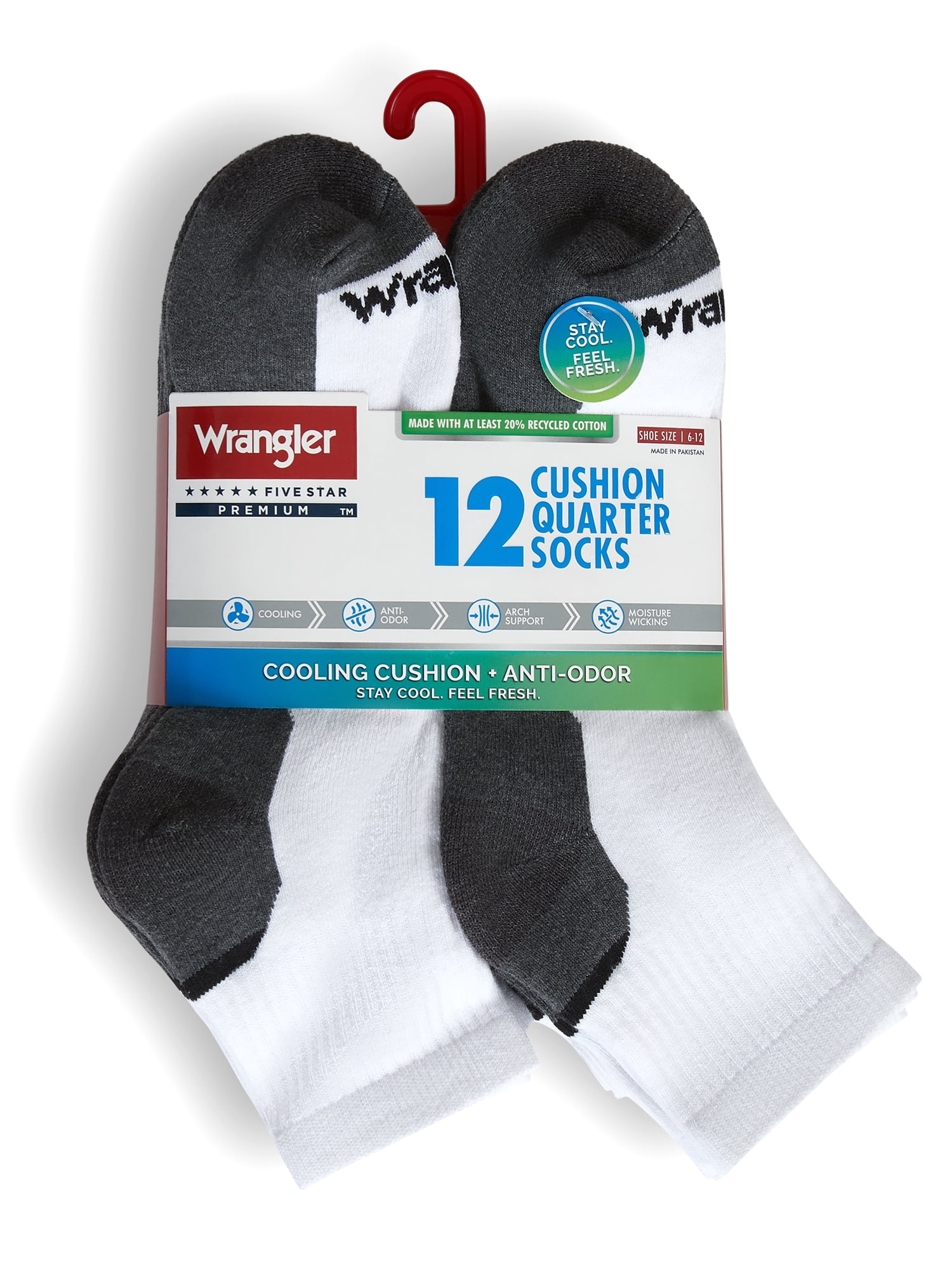 Wrangler Essential Cool Comfort Men’s Quarter Socks, Full-Cushion Crew Socks, 6-12, White, 12-Pack