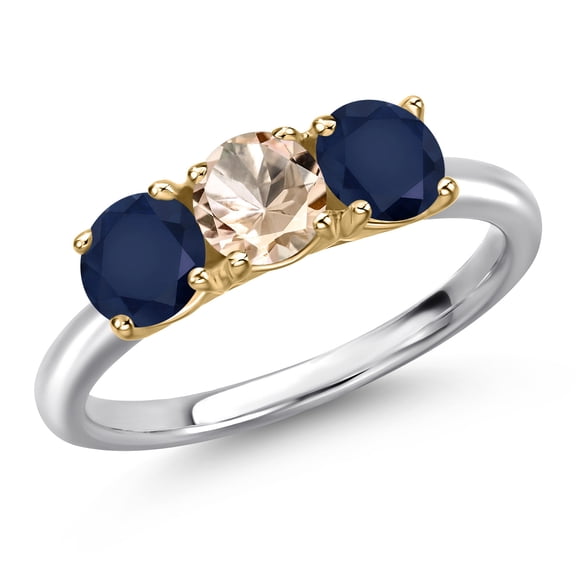 Gem Stone King 10K Two Tone Gold Peach Morganite and Blue Sapphire Engagement Ring for Women | 1.60 Cttw | Round 5MM | Gemstone October Birthstone | Size 6