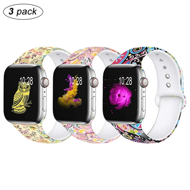 Amerteer 3 Pack For Apple Watch Band 38mm/40mm 42mm/44mm Fadeless Pattern  Printed Floral Bands Silicone Replacement Band for iWatch Series Series 