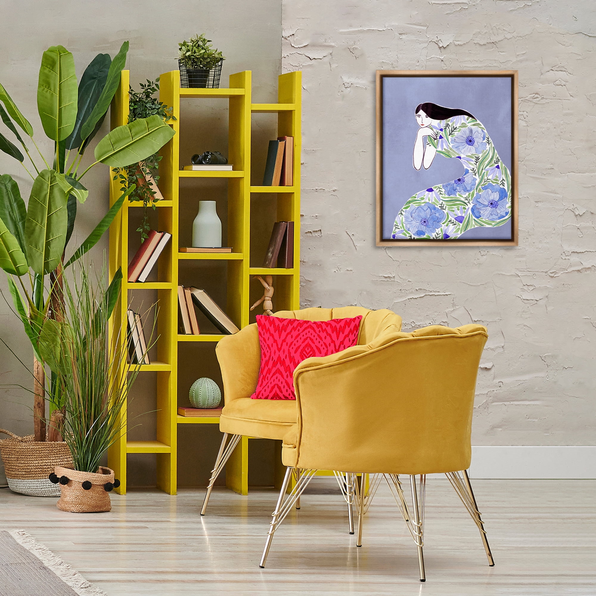 Stupell Industries Blue Floral Dress People Painting Brown Floater Framed Canvas Art Print Wall Art, 17 x 21