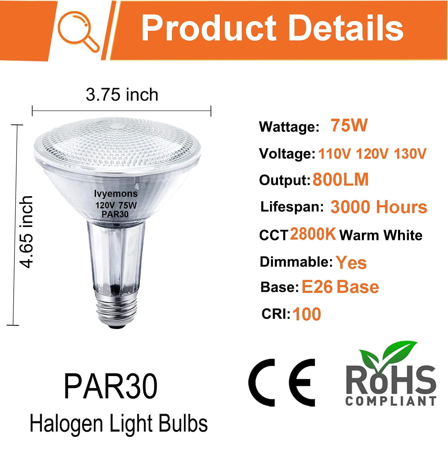 Ivyemons Par30 Long Neck Halogen Flood Bulbs 6-Pack 75W Dimmable Flicker-Free 2800K Warm White E26 Base for Accent/Track/Recessed