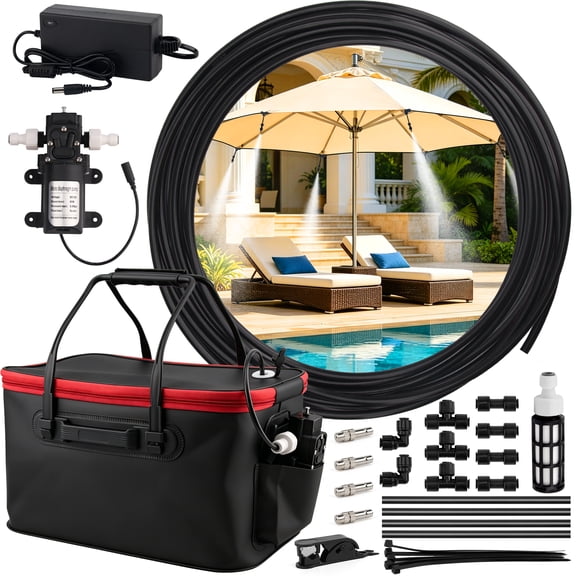 Misting System for Outside Patio, Portable Misting System with 20FT/6M Hose, 20L Water Bucket, Water Pump, Filter, Nozzles for Outside Patio Cooling, Canopy, Umbrella, Camping