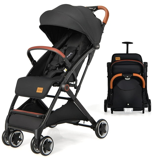 OLAKIDS Lightweight Baby Stroller in black, designed for infants aged 0-36 months. Features include a compact one-hand fold mechanism, adjustable backrest, 5-point harness, foot cover, and canopy. PU leather handles and cushioning wheels ensure smooth travel. Ideal for airplane travel and compact storage.