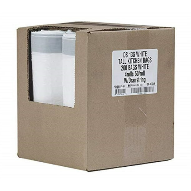 aluf plastics tall kitchen 13 gallon drawstring trash bags (bulk 200 count) 24"x27