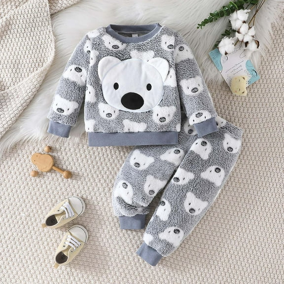 Boys Outfits Cozy Cartoon Print Crew Neck Long Sleeve Top And Jogger Pants 2 Piece for Everyday Wear Boys' Clothing Sets Grey 9-12 Months