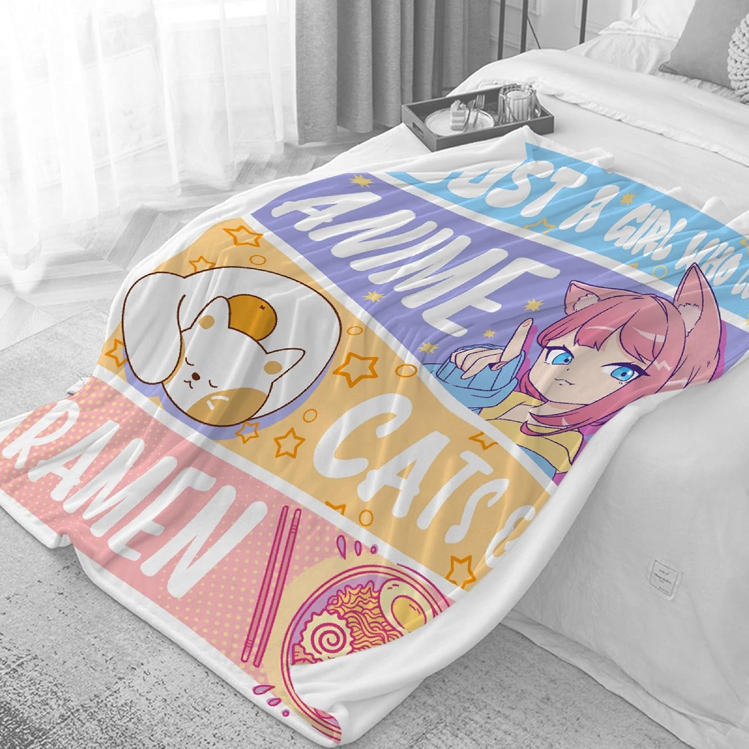 Just A Girl Anime Blanket Gifts for Girls - Kawaii Decor, Cats & Ramen Flannel Blanket, Luxurious & Cozy, 60x80 Inch