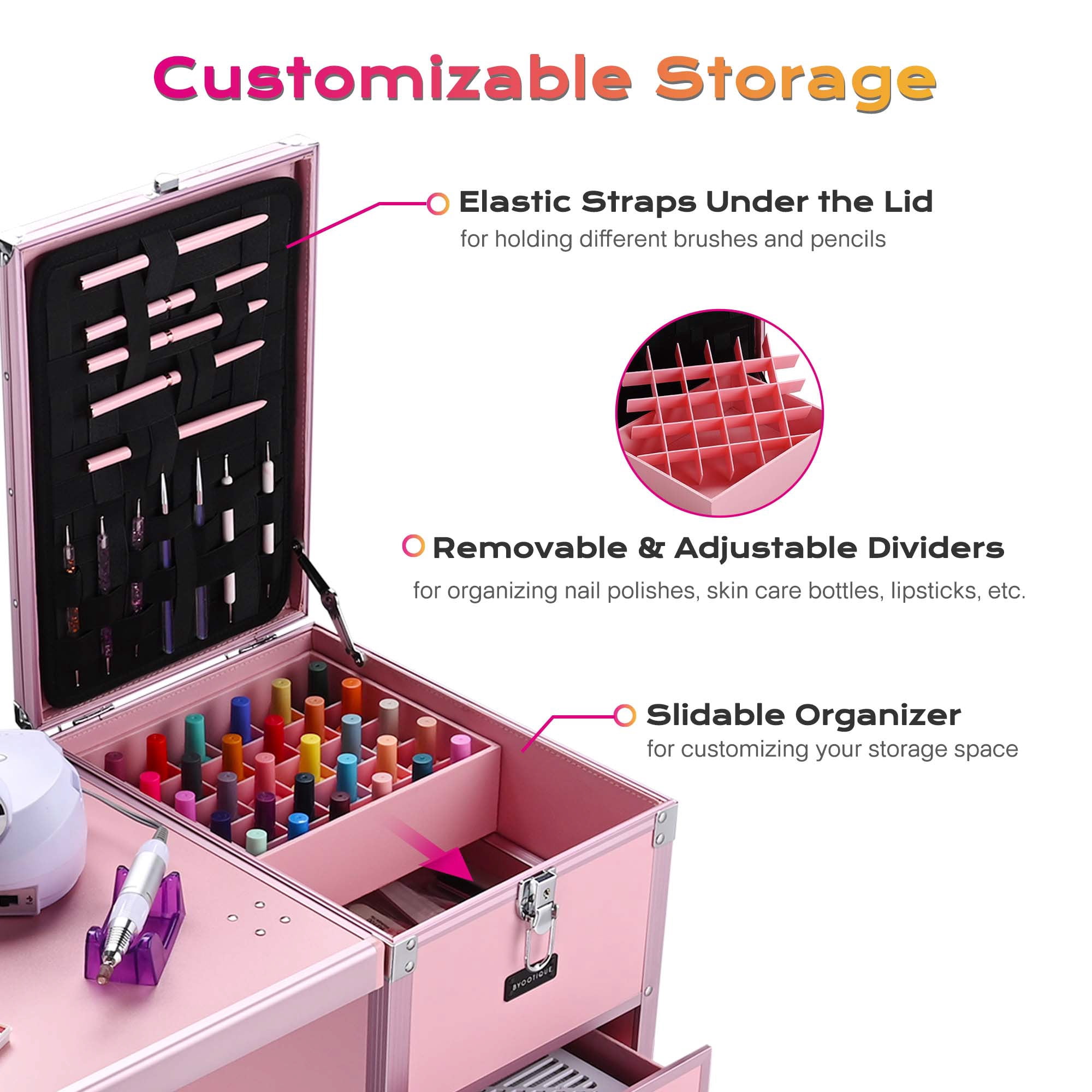Byootique Nail Desk Mobile Station Rolling Makeup Manicure Table Nail Artist