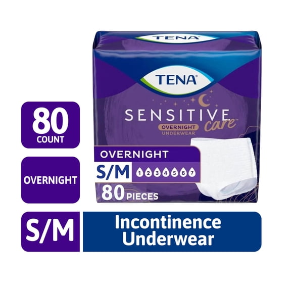 TENA Sensitive Care Overnight Incontinence Underwear for Women, Bladder Control and Postpartum, Small/Medium, 80 count (Waist size: 25in-35in)