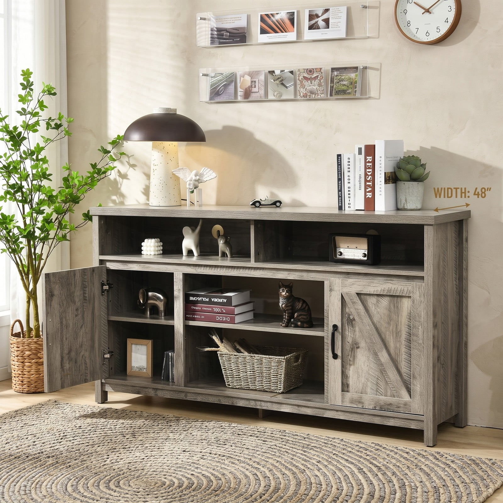 Furnibear 59 Inch TV Stand Media Console Cabinet with Barn Door for 65 Inch TVs, Wood Entertainment Center with Adjustable Shelves and Cable Management, Natural Brown