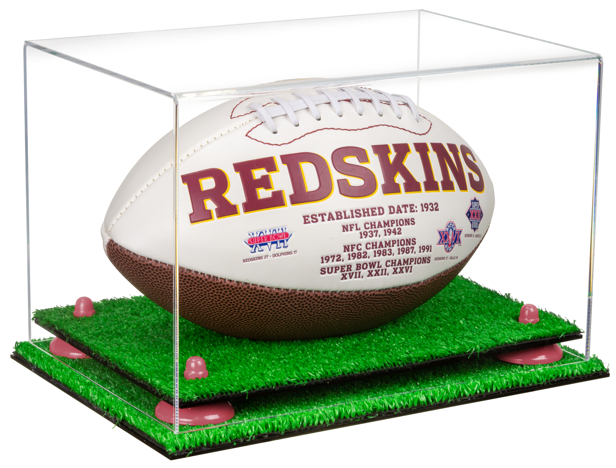 Clear Acrylic Football Display Case with Pink Risers and Turf Base (A004PNR)