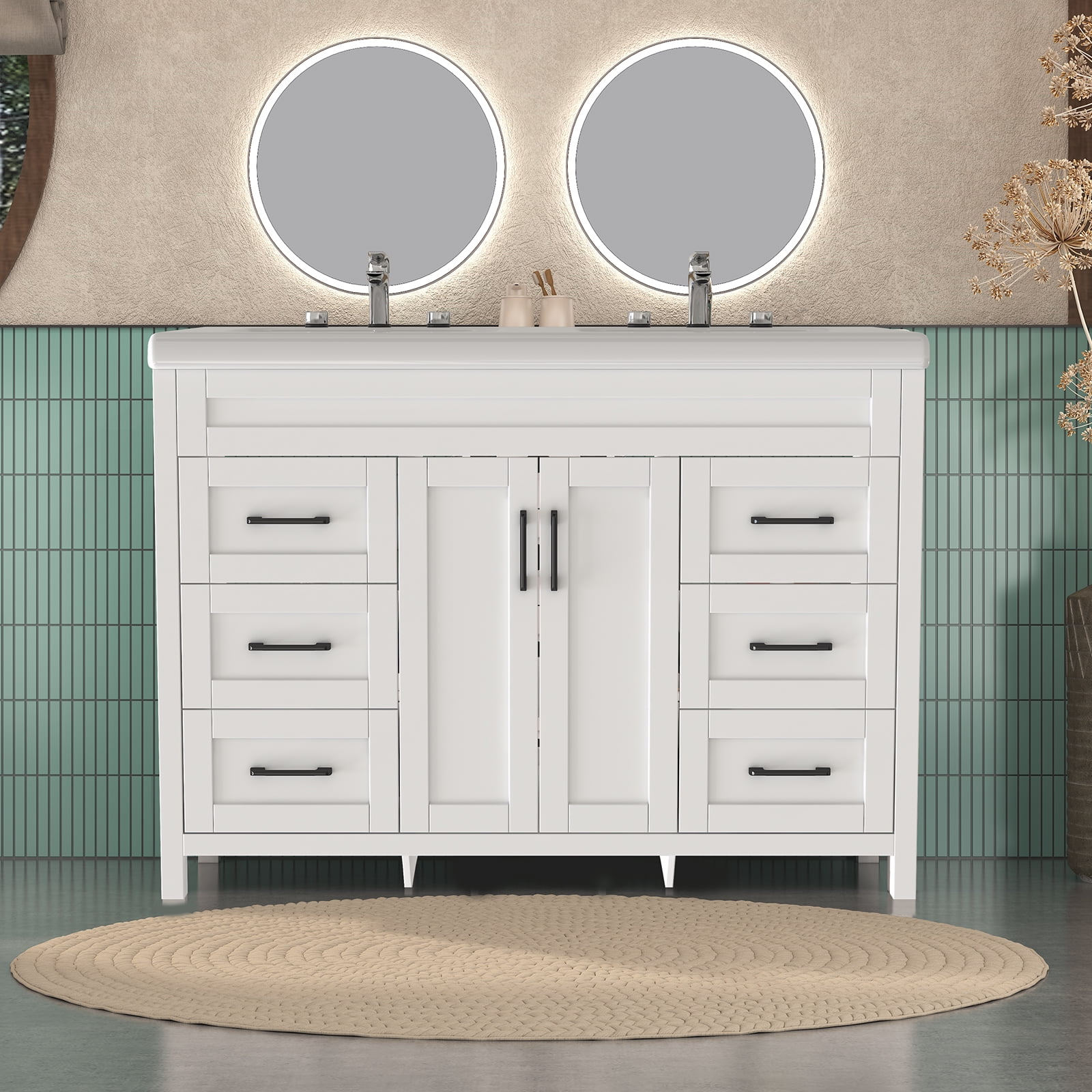 Jarbalai 47" Freestanding Bathroom Vanity with Twin Basin and Cabinet Storage and Drawers, White