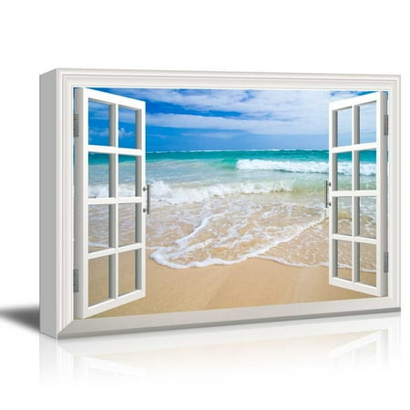 Window Frame Art Canvas Print Wall Art - Window Frame Style Wall Decor - Beach and Clear Wave | Giclee Print Gallery Wrap Modern Home Decor. Stretched & Ready to Hang - 24
