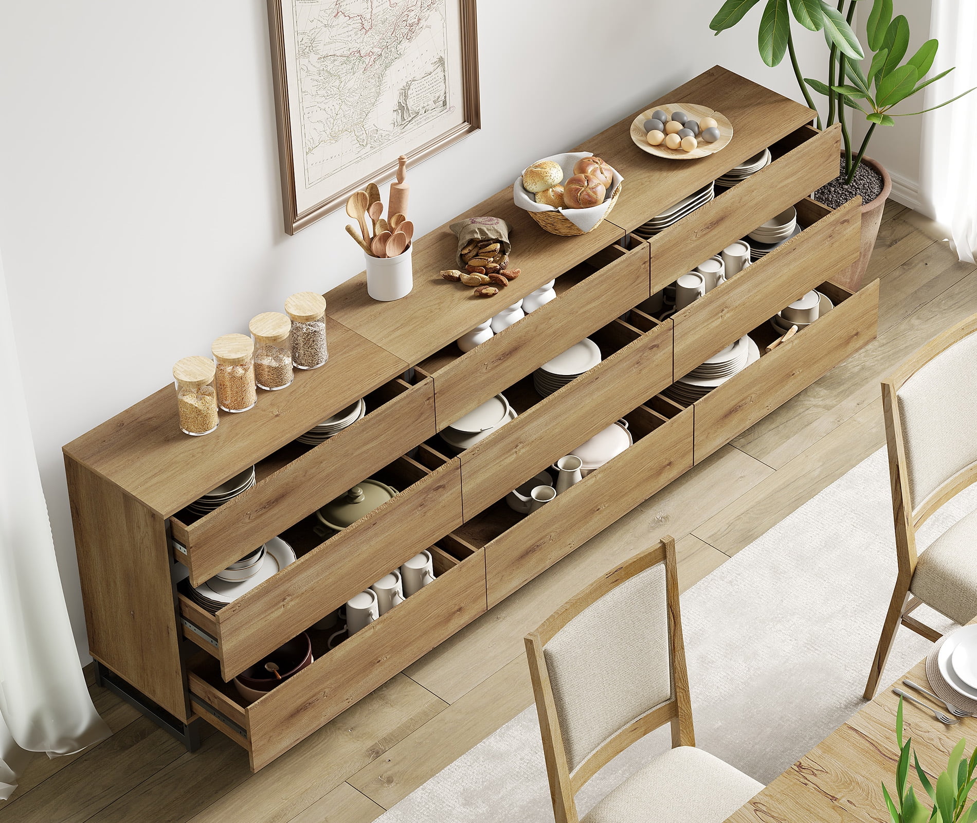 3 In 1 Multifunctional Sideboard Buffet Cabinets, Modern Sideboard With Adjustable Shelf And 9 Drawers, Coffee Bar Cabinet Storage Cabinet For Living Room, Kitchen,Oak