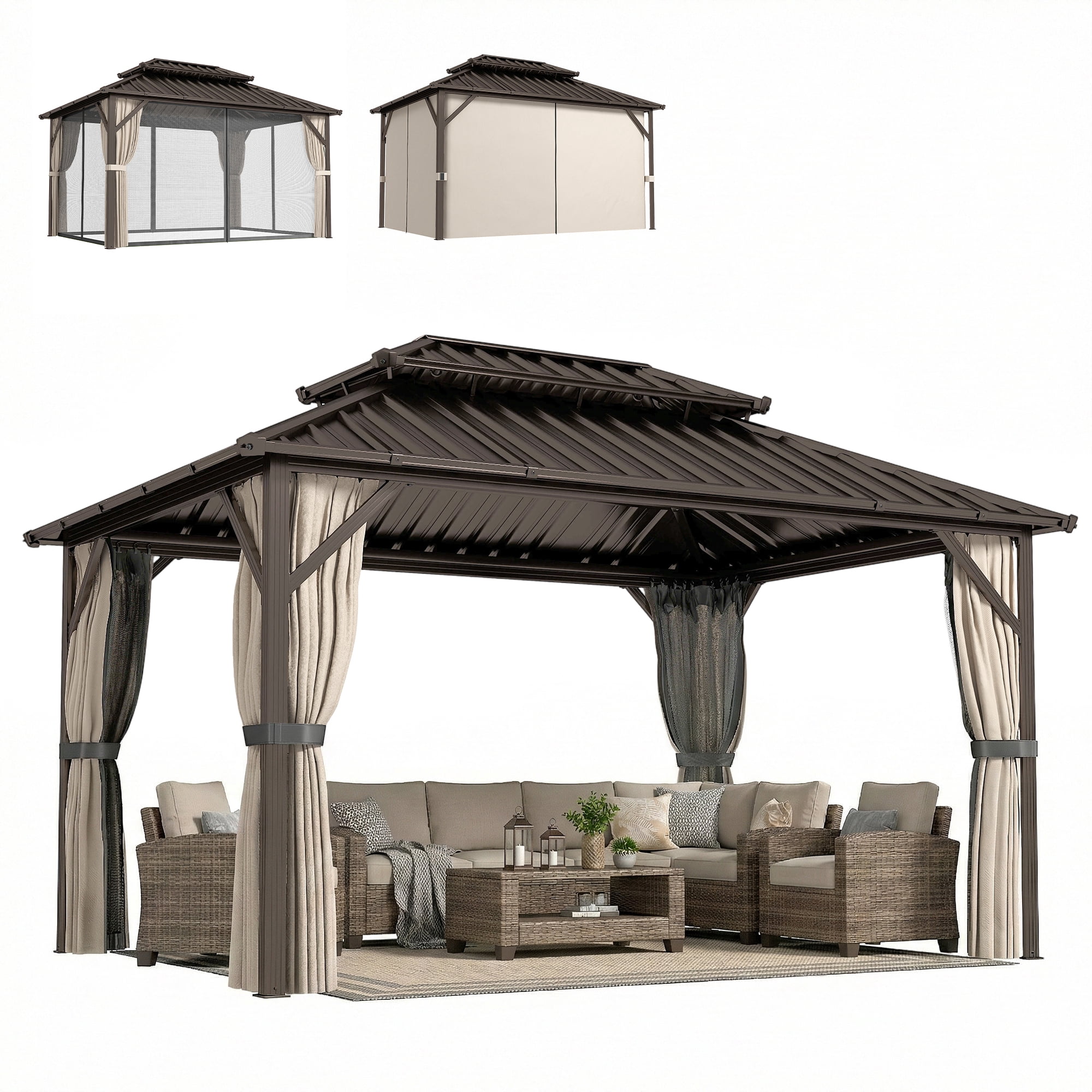 Outsunny 10' x 14' Hardtop Gazebo with UPF50+ Double Galvanized Steel Roof Canopy, Aluminum Frame Permanent Gazebo with Curtains, Netting, Brown