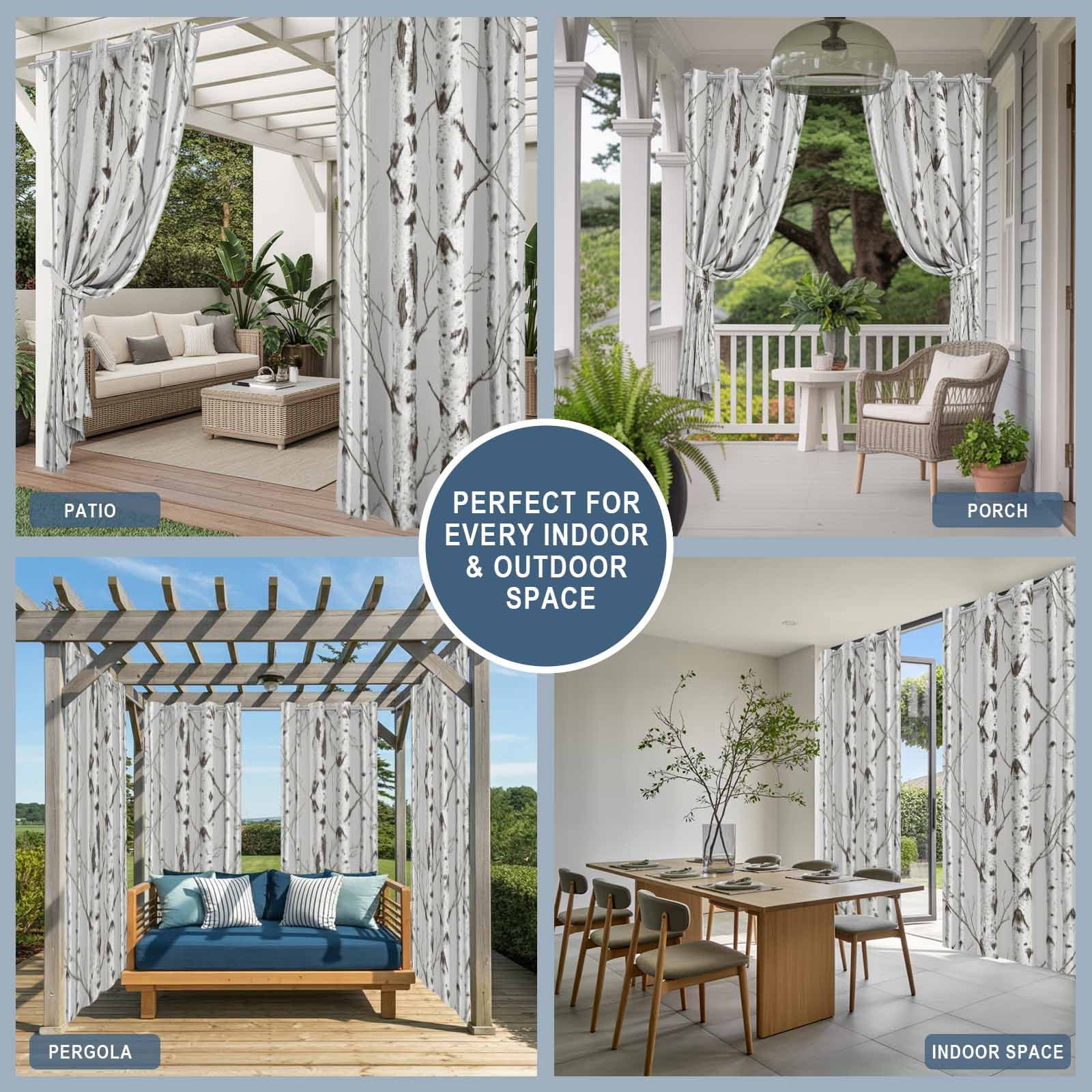 Nature Birch Trees Outdoor Curtains for Patio, Modern Gray Modern Tree Bark Texture Forest Sunshade Privacy Drapes Grommet Waterproof Outside Curtains for Porch/Cabana/Balcony 54"x 108", 1 Panel
