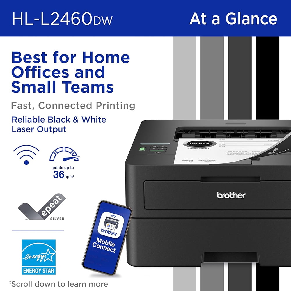 Brother HLL2460DW SOHO Laser Printer Bundle with Brother High-Yield Toner, Black Twin Pack (3,000 pages/cartridge)