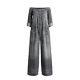 thumbnail image 5 of Off-Shoulder Denim Jumpsuit for Women, Long Sleeve Button Front Wide Leg Romper with Pockets - Washed Casual Playsuit Gray S, 5 of 6
