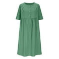 thumbnail image 4 of qucoqpe Womens Plus Size Summer Linen Dress Button Crew Neck Short Sleeve Pleated Sun Dress Casual Loose Vacation Beach A Line Midi Dress, 4 of 7