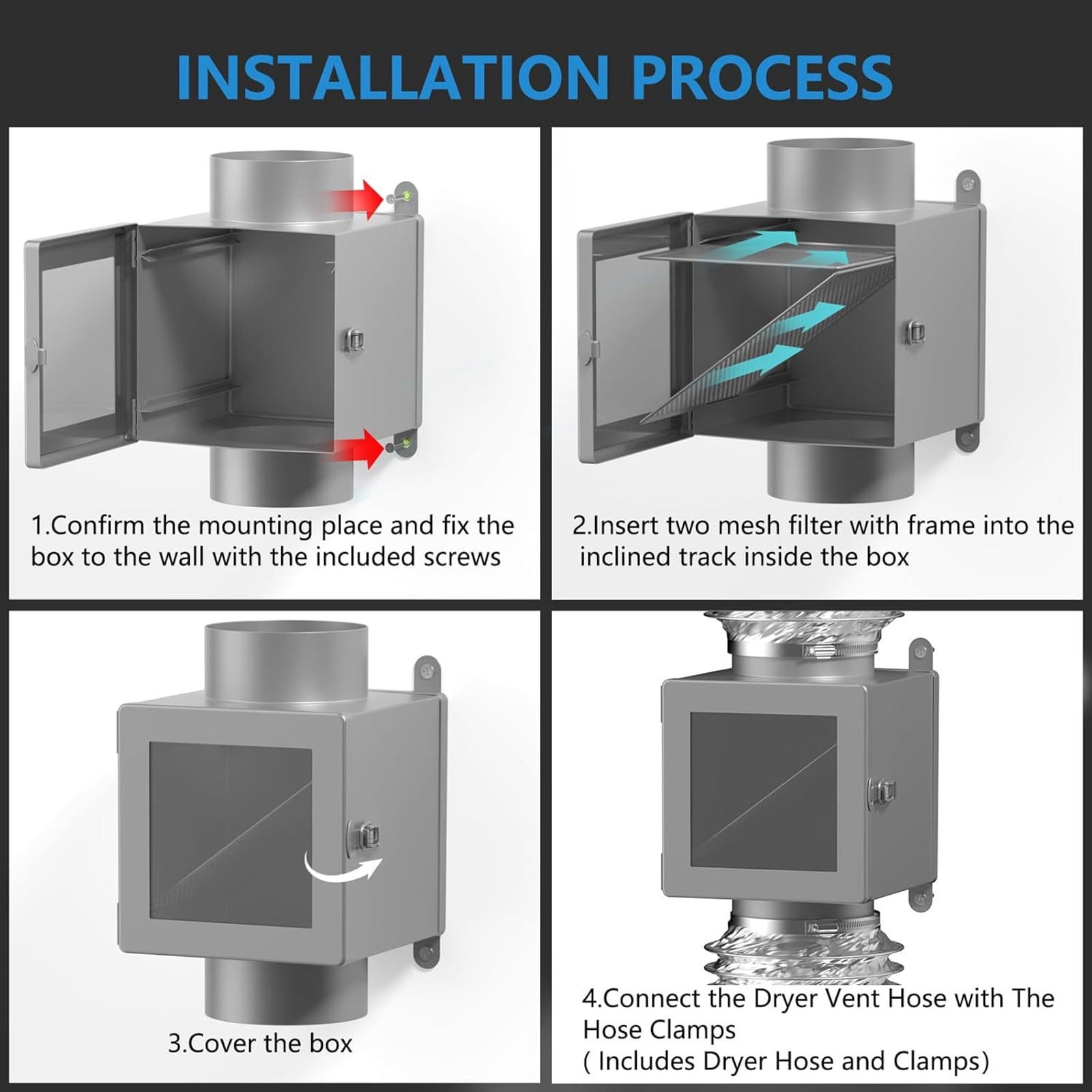 High Efficiency Dryer Duct Lint Catcher With Removable Meshes Filters And Clear Door Metal Dryer Duct Lint Trap