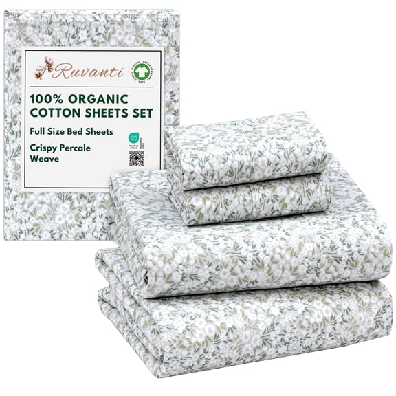 RUVANTI 100% Organic Cotton Sheets - Full Size bed sheet - 4 Piece Percale Weave Bedding, Crisp, Cooling & Breathable, Soft & Durable, 16" Deep Pocket, Hotel Quality Sbanas - Floral Rush