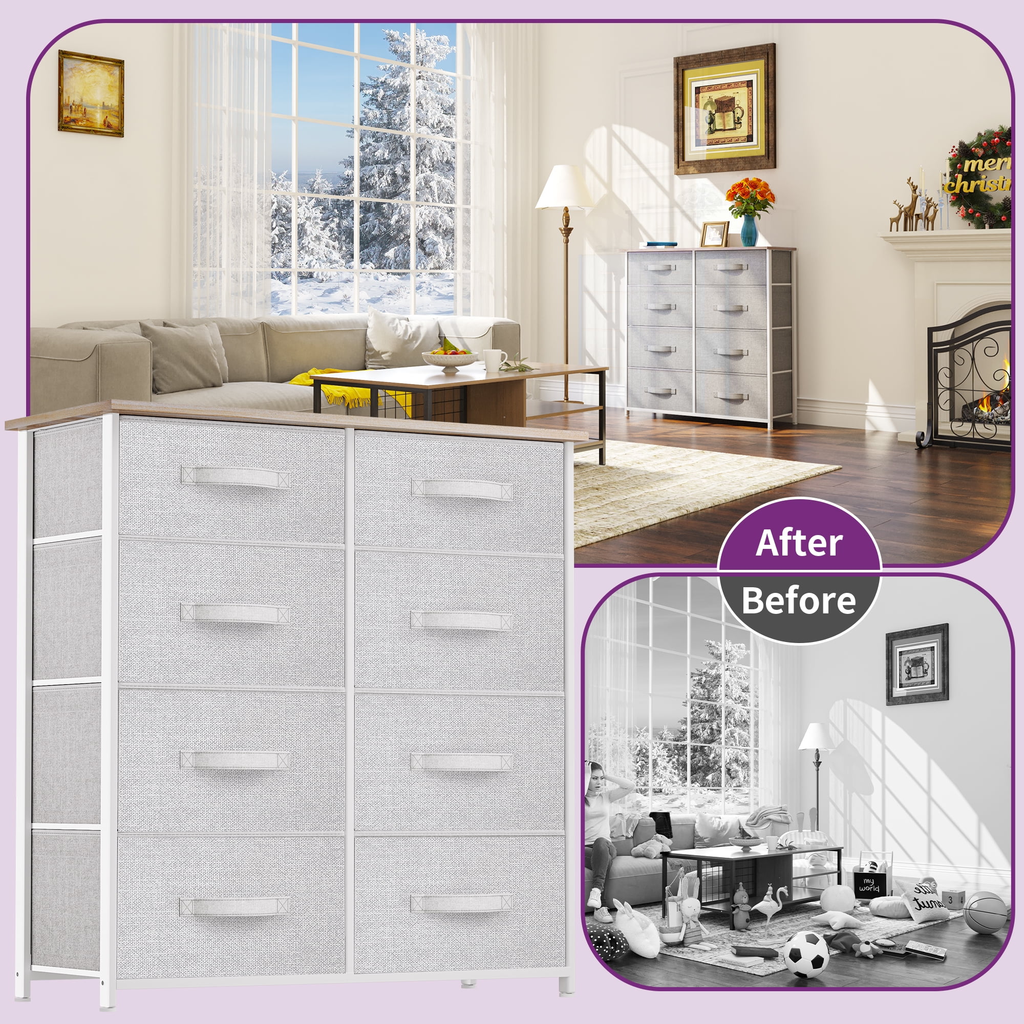 Uforic 8-Drawer Dresser Grey Fabric Storage Chest Double Dresser for Closet,Living Room,Bedroom Steel Frame