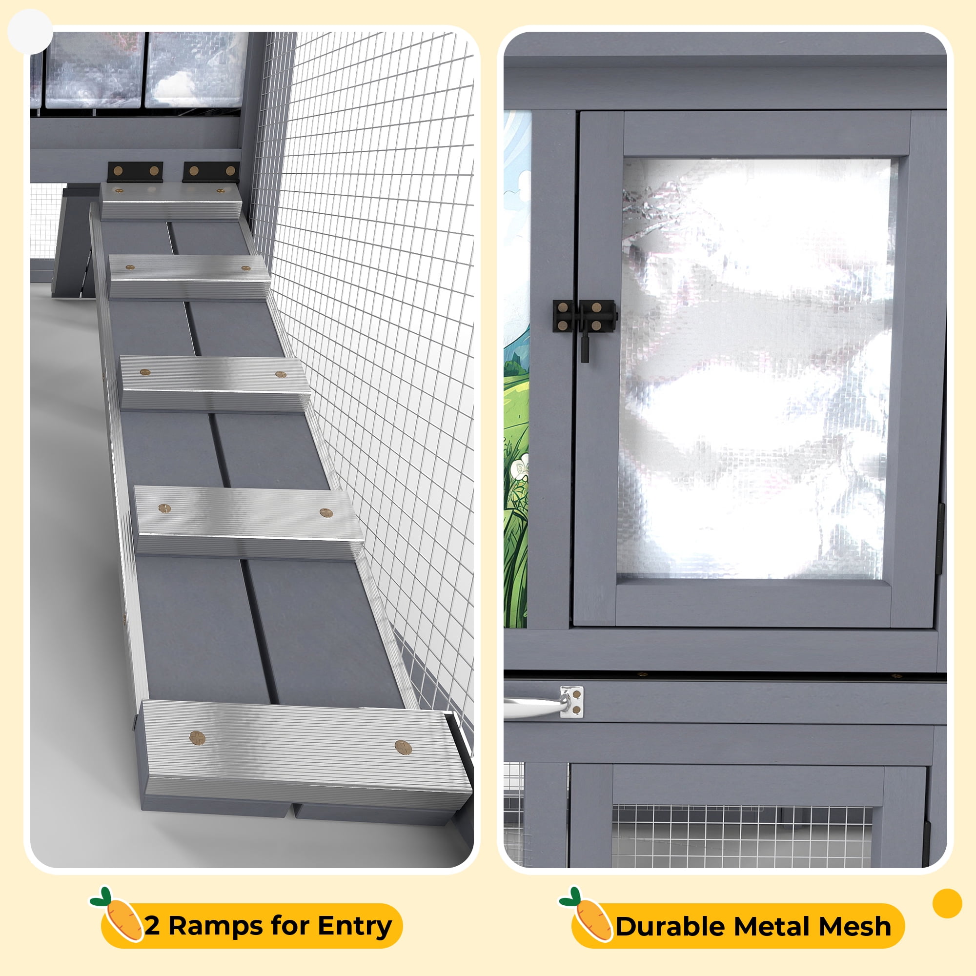 Insulated Outdoor Wood Rabbit Hutch Small Animal Enclosure House Pet Shelter Gray with Colorful Patterns