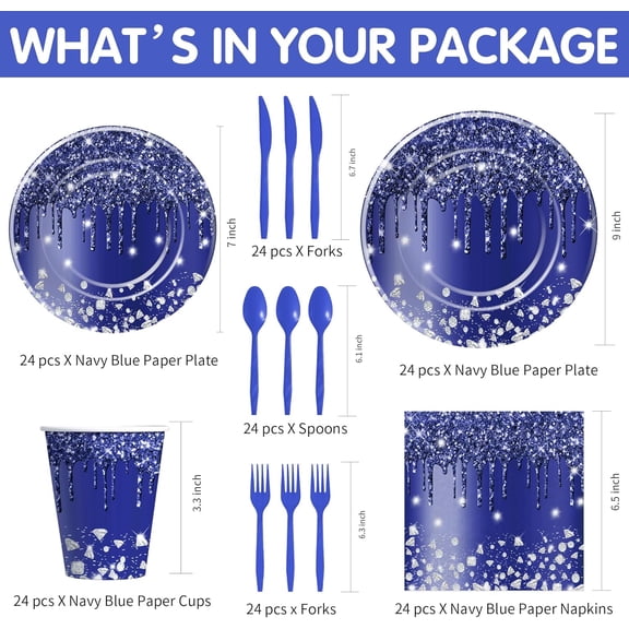 SHILIU-Navy Blue Plates And Napkins Party Supplies, Blue Glitter And Silver Party Decorations Tableware for Bridal Shower Birthday Baby Shower, Paper Plate, Napkin, Cup, Disposable Cutlery, Serves 24