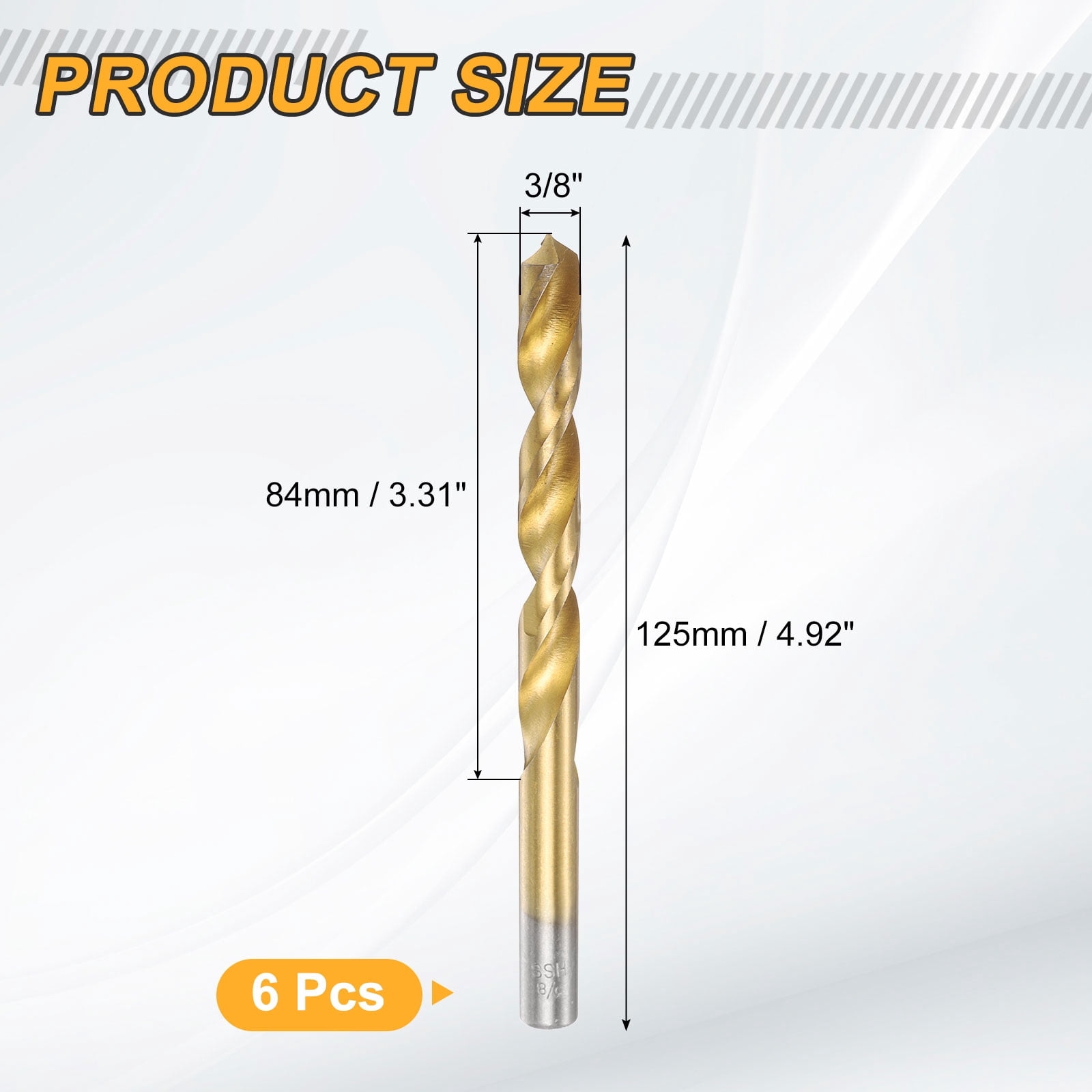 6pcs Titanium Twist Drill Bit 3/8" Drilling Dia High Speed Steel Drills for Hardened Metal, Stainless Steel, Cast Iron, Wood, Plastic