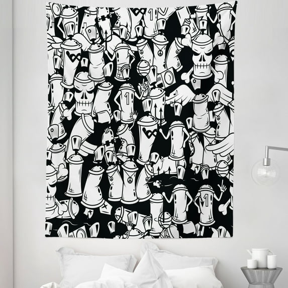Urban Graffiti Tapestry, Anthropomorphised Graffiti Spray Can Sport Characters and Skull, Fabric Wall Hanging Decor for Bedroom Living Room Dorm, 5 Sizes, Black and White, by Ambesonne
