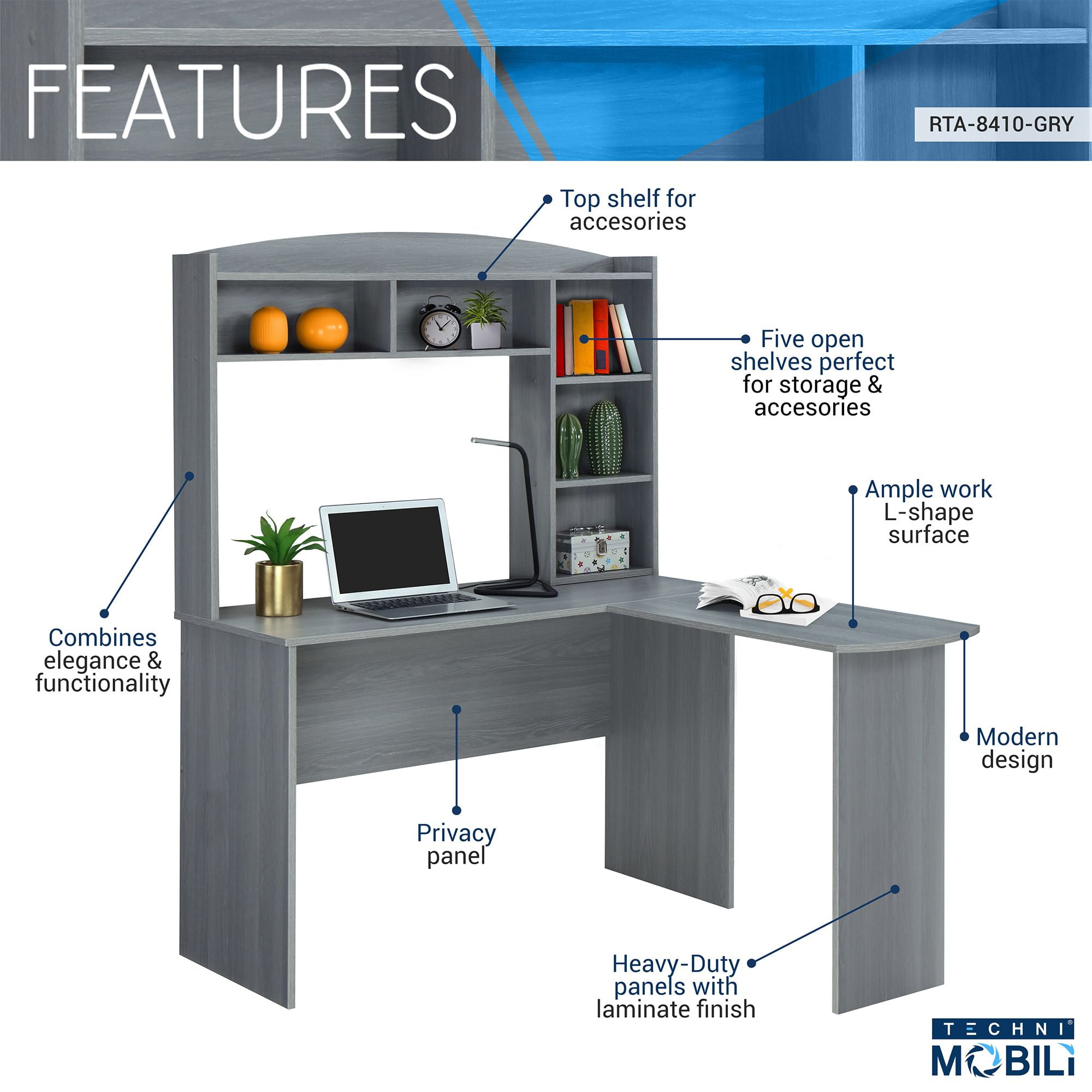 Techni Mobili Modern L-Shaped Desk with Hutch, Gray