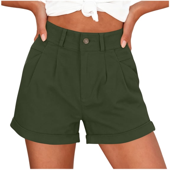 Bosfbaoi Women's Chino Shorts High Waist Pleated Front Shorts Summer Cuffed Hem Casual Shorts with Pockets