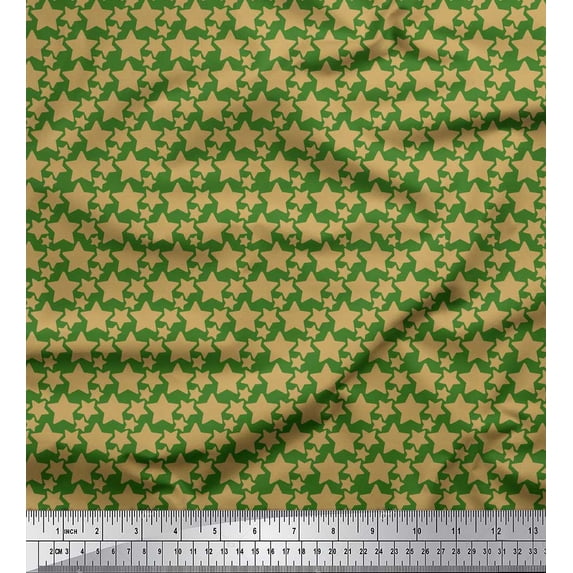 Soimoi Green Moss Georgette Fabric Brown Star Print Fabric by the Yard 42 Inch Wide